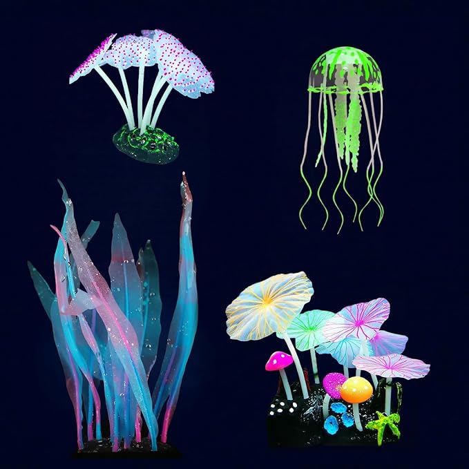 4-Pack Silicone Fluorescent Aquarium Plants & Decor - Realistic Jellyfish, Mushrooms for All Fish Tanks, Essential Decorations
