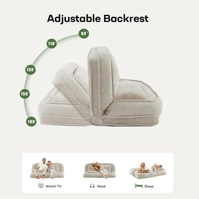 Double Human Dog Bed for Adult and Kids, Comfy Foldable Lazy Floor Loveseat Sofa Bed with 5 Adjustable Position, Upholstered Floor Bean Bag Lounger Chair for Bedroom, Living Room,Office (Beige)
