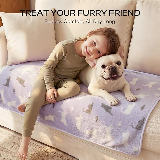 Luciphia 1 Pack 3 Blankets, Cute Cat Printed Fluffy Fleece Pet Blanket for Dogs Cats Washable, Warm Soft Throw Cover for Crate Couch, Gifts Puppy Essentials, Purple/Grey/Khaki, Medium (30x20 inch)
