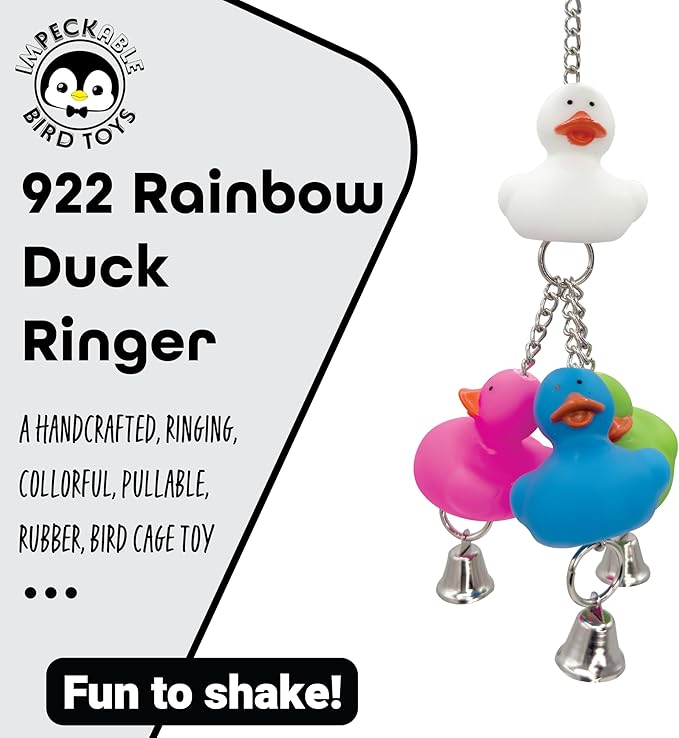 922 Rainbow Duck Ringer Toy with Rubber Ducks, Chains and Bells – Handcrafted Great for Budgies, Parrotlets, Conures and Other Small to Medium Birds