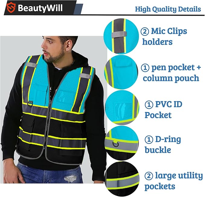BeautyWill Custom Safety Vest Customized Logo Mesh Vest Class2 High Visibility Reflective Vest with Pockets Workwear（LightBlue Black，S ）