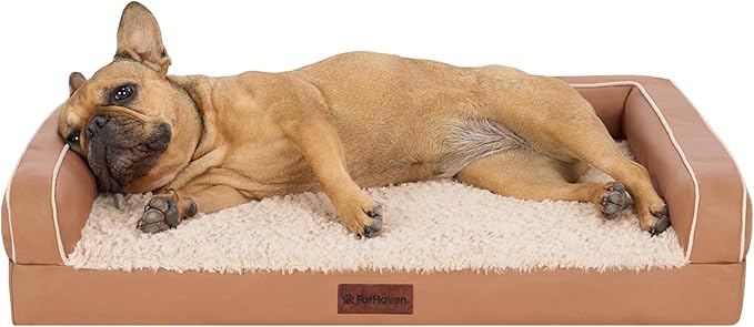 Furhaven Cooling Dog Sofa Bed – Memory Foam Couch with Bolsters, Textured Plush & Water-Resistant Cover, Washable Cover - Camel, Medium