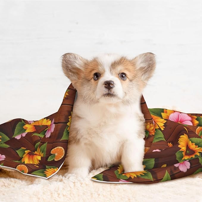 Double Sided Pet Bed Blanket for Added Cushion Warmth, Western Wood Rustic Sunflowers, Reversible Cover with Textured Dot Surface for Existing Beds Standalone Mat