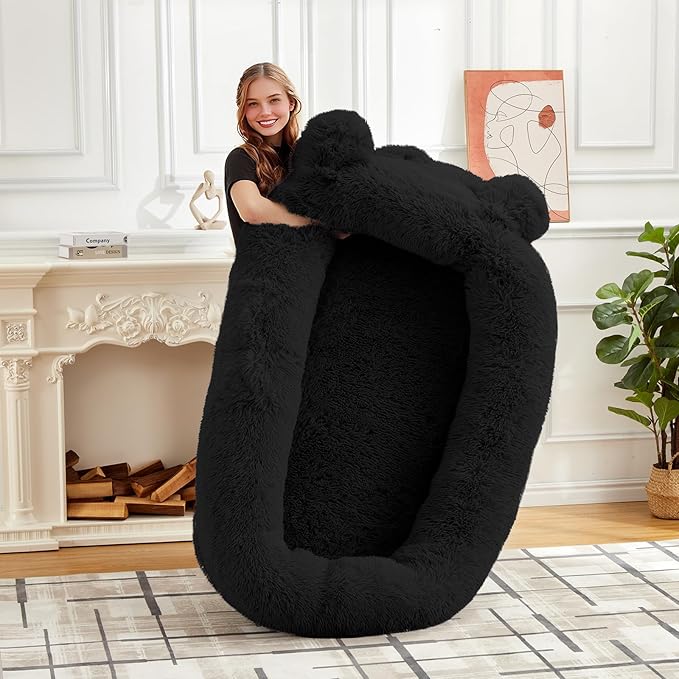 GarveeHome Human Sized Dog Bed, 71" x 45" x 12" Large Dog Bed with 2 Storage Pockets, Fluffy Faux Fur Orthopedic Pet Bean Bed for Adults & Giant Pets - Black