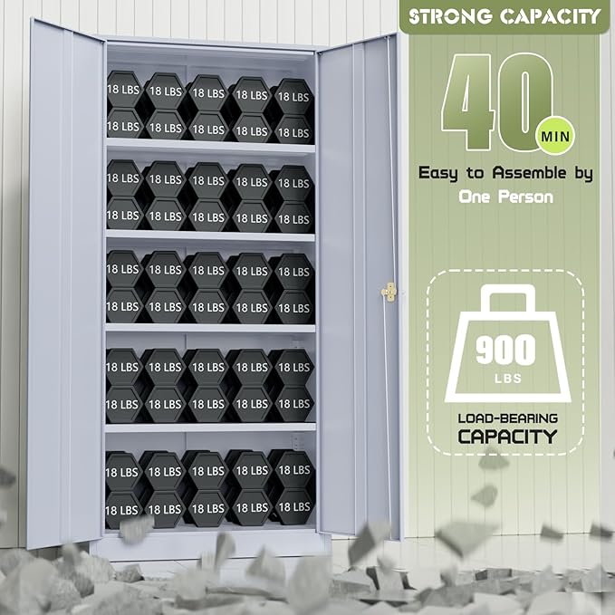 SUNCROWN 72" Metal Storage Cabinet - Heavy-Duty Metal Garage Cabinet with 4 Adjustable Shelves & 2 Doors for Tools, Office, Home, Workshop,Cement Grey