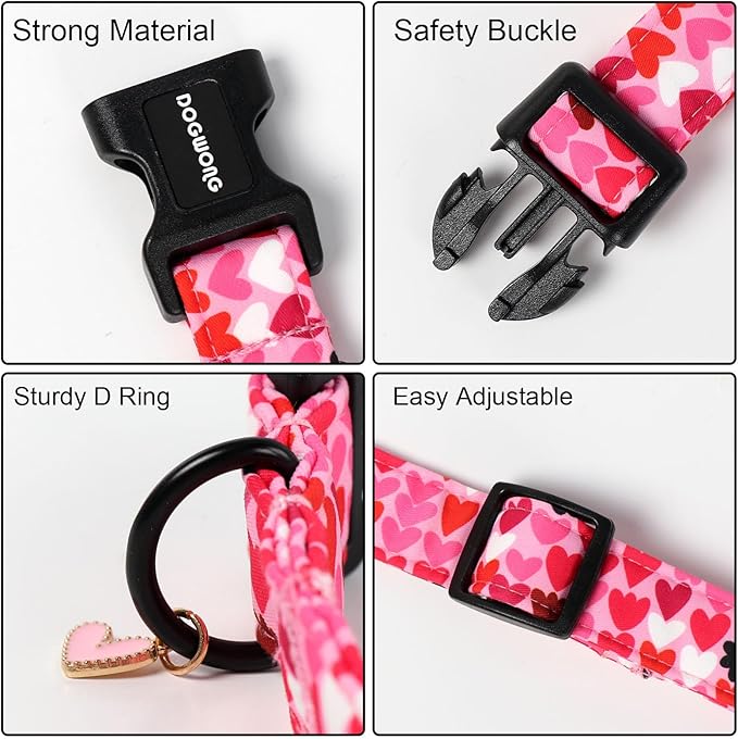 DOGWONG Valentine Dog Collar, Pink Heart Dog Collar, Girl Female Dog Collars with Strong Plastic Buckle for Small Dogs,XS