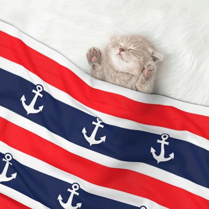 Reversible Pet Blanket for Sofa Protection Pet Comfort, Nautical Anchor Seamless Pattern Blue and Red Stripe, Double Sided Design with Cozy Nubby Nap Side and Durable Smooth Play Side