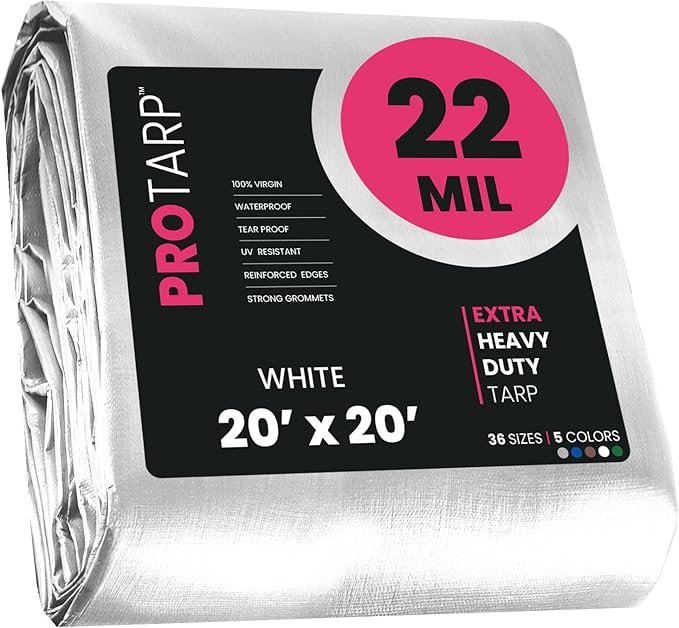 PROTARP Extreme Heavy Duty 22 Mil Tarp Cover, Waterproof, UV Resistant, Rip and Tear Proof, Poly Tarpaulin with Reinforced Edges for Roof, Camping, Patio, Pool, Boat. (White 20′ X 20′)