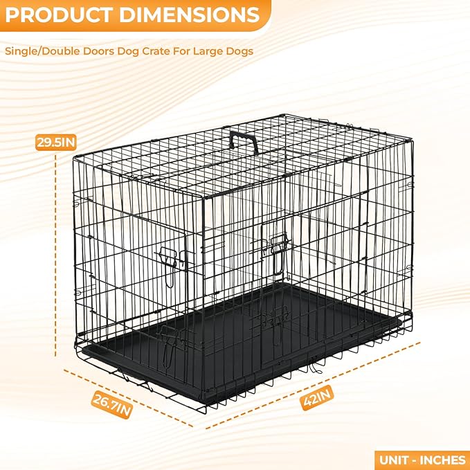 PayLessHere Large Dog Crate Kennel for Medium Large Dogs Metal Dog Cage Double-Door Folding Travel Indoor Outdoor Puppy Playpen with Divider and Handle Plastic Tray (42 Inch, Black)