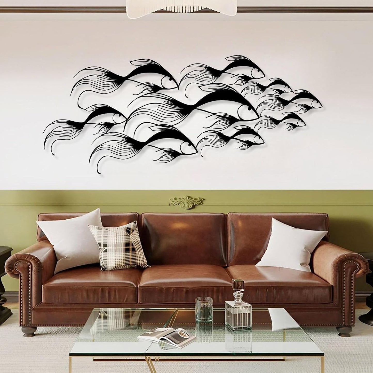 School of Fish Metal Wall Art, Metal Fish Wall Decor, Sea Life Wall Art, Large Nautical Wall Hanging, Modern Beach House Wall Decor, Ocean Themed Artwork for Bathroom (White, 35"x15" | 90x38cm)