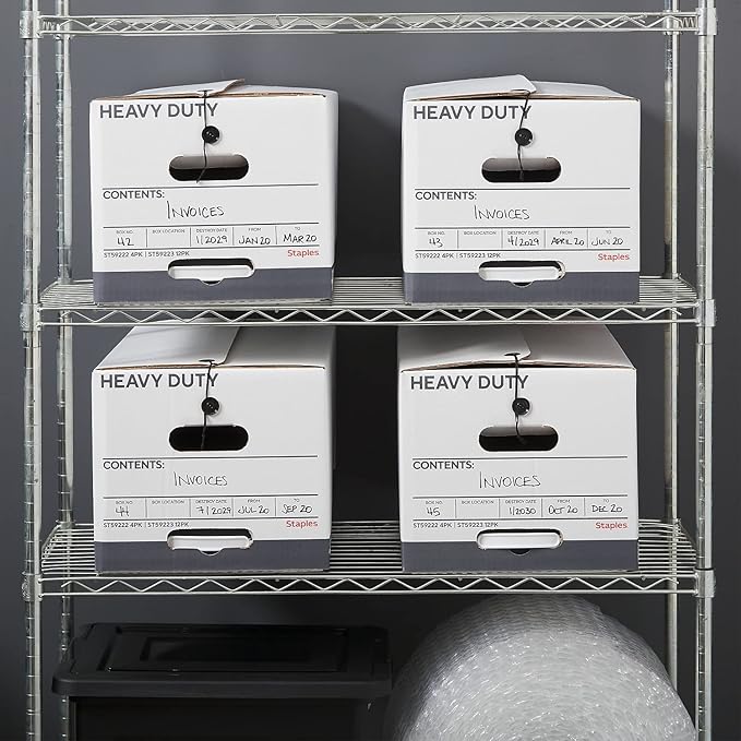 STAPLES Storage & Filing Box, Heavy-Duty with Handles & String-Button Lid, Letter Size Documents, Stackable, 4-Pack, White/Gray