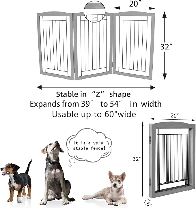 ZJSF Freestanding Foldable Dog Gate for House Extra Wide Wooden Grey Puppy Gate Stairs Dog Gates Doorways Tall Pet Gate 32" Height 3 Panels Pet Fence