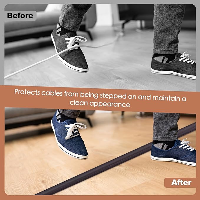 Floor Cord Cover for Wires on Floor Self Adhesive Cord Hider Floor Cable Management Wire Covers for Cords Protector Prevent Cable Trips Cord Cavity W 0.32" x H 0.32", Black Walnut, 20Ft