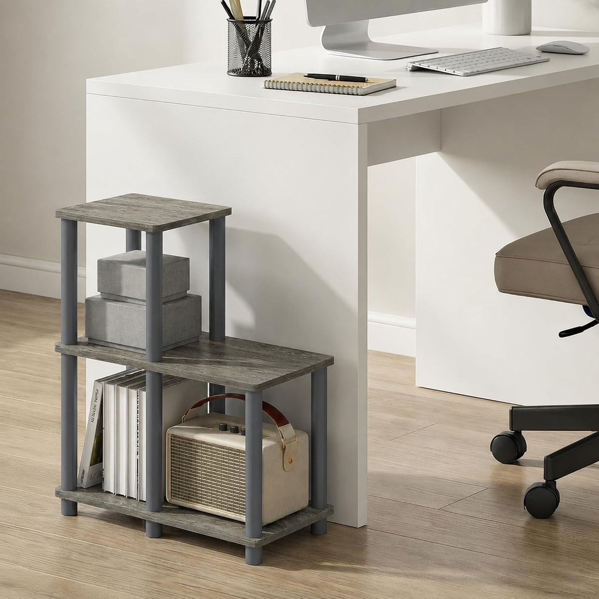 Furinno TURN-N-TUBE Storage Shelves, 2-Tier Ladder Shape Book Shelf with Open Frame Design, 3-Cube Corner Shelf, Toolless Open Shelves, Living Room, Garage, Home Office, Grey