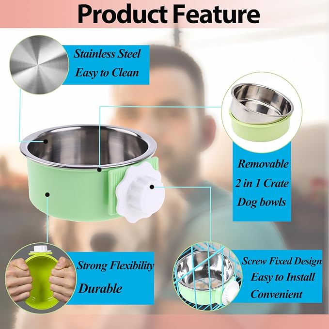 3 Pieces Crate Dog Bowl, Removable Stainless Steel Pet Kennel Hanging Food Water Feeder Bowl Cage Coop Cup for Puppy Medium Dog Cat Rabbit Ferret Bird (Blue,Red,Green)