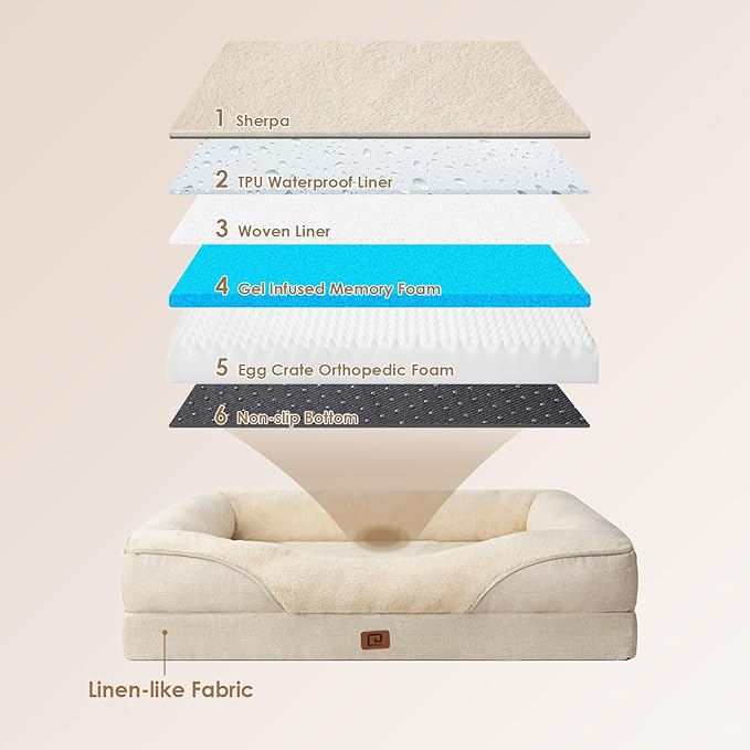EHEYCIGA Orthopedic Dog Bed for Medium Dog, 30x20x6.5 Inch Memory Foam Dog Couch Bed with Sides, Waterproof Liner & Washable Removable Cover, Bolster Pet Sofa, Beige