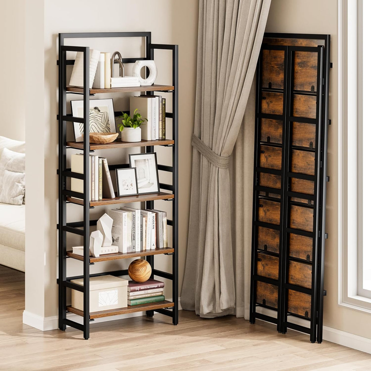 NUMENN 5-Tier Folding Bookshelf, Splits Into 2 Units, Vintage