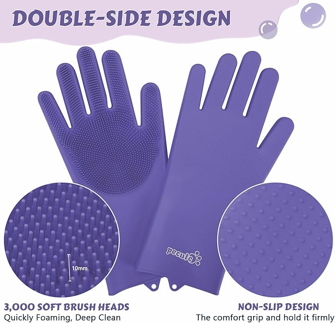 Pecute Pet Grooming Gloves, Large, Heat Resistant, Silicone Bathing and Massaging Gloves with High-Density Teeth and Enhanced Five Finger Design for Dogs and Cats, Purple