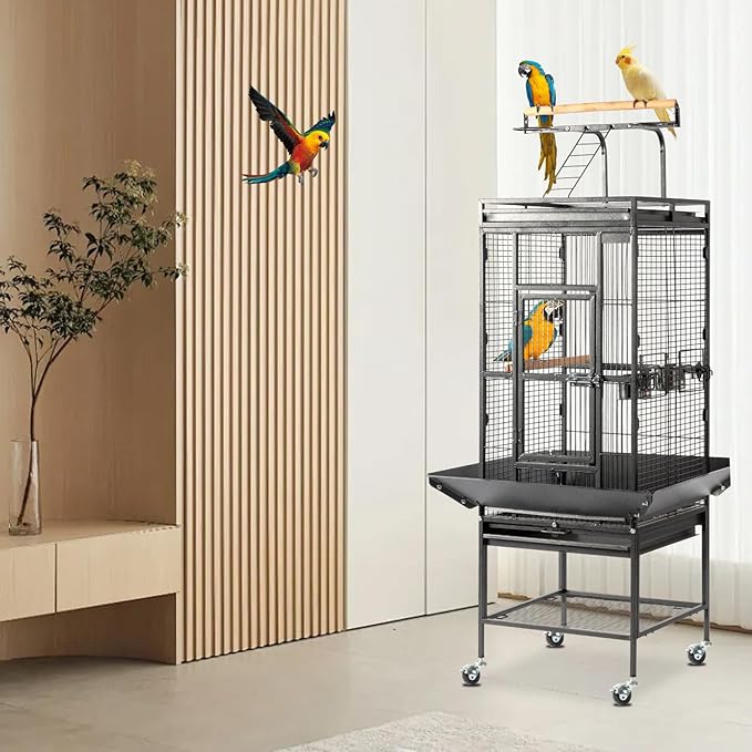 VINGLI 65-Inch Wrought Iron Bird Cage with Playtop | Durable Large Flight Cage with Ladder & Rolling Stand for Parrots, Cockatiels, Budgies, Lovebirds, Small/Medium Birds