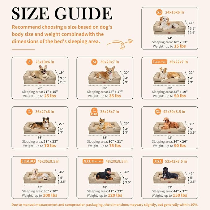 Comfort Expression Orthopedic Dog Bed for Large Dogs 38x25 Inch, Waterproof Egg Crate Foam Large Pet Bed with Removable Bolsters, Dog Couch with Washable Cover & Non-Slip Bottom, Light Brown