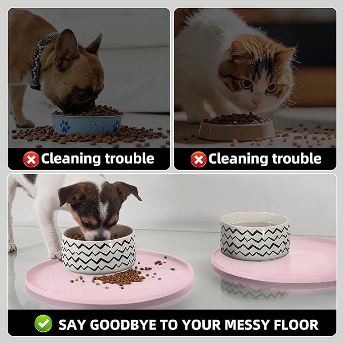 Comtim Waterproof Dog Food Mat - 2 Pack Silicone Pet Food Mat Dog Food Bowl Mats Cat Water Mats Eating Tray, Non-Slip Pet Placemat with Lip for Messy Drinkers to Protect Floor,Pink 11"×11"