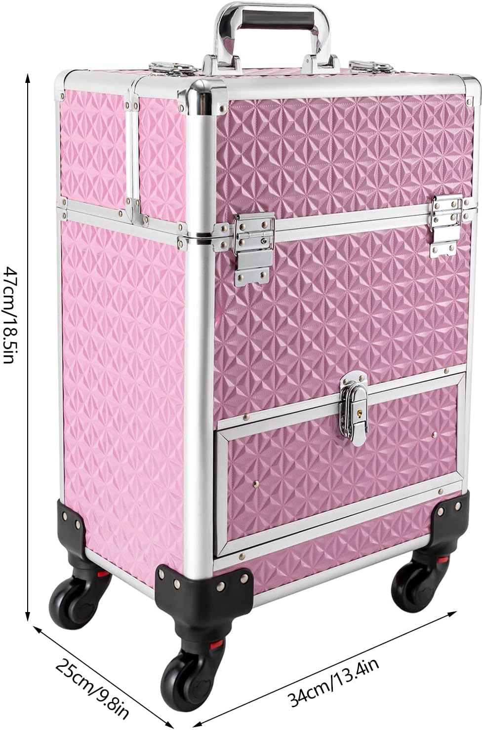Rolling Makeup Train Case,Professional Aluminum Trolley Case with 4 Detachable Wheels,Nail Polish Organizer with 7 Compartments and a Drawer,for Storing Scissors Makeup Jewelry (Pink Style A)