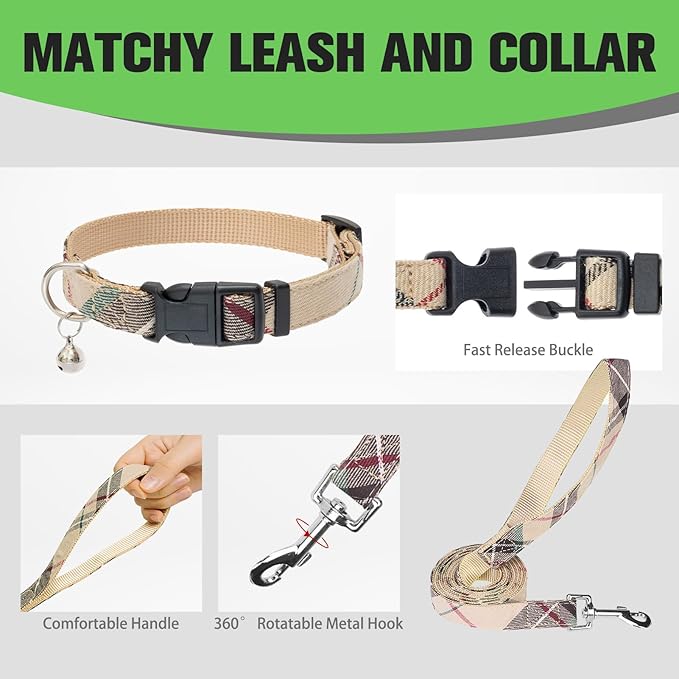 EXPAWLORER Plaid Small Dog Harness and Leash Set with AirTag Holder - Soft Padded Step in Dog Vest Harness Medium Sized Dog, No Pull Reflective Puppy Harness, Collar and Leash for Walking, Khaki XXS