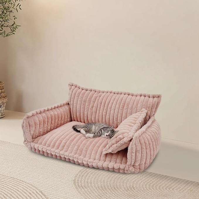Pet Couch Calming Bed, Pet Couch with Removable Washable Cover, Plush Pets Sofa for Indoor Use, Supportive Orthopedic Dog Bed (Pink)