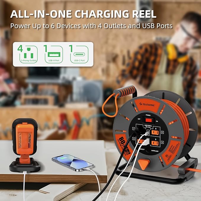 Retractable Extension Cord Reel 80 FT, 14AWG SJTOW Heavy Duty Power Cord with 4 Grounded Outlets, USB-A & USB-C Ports, 13A Circuit Breaker, Hand Crank for Indoor Outdoor Use, ETL Listed, Orange