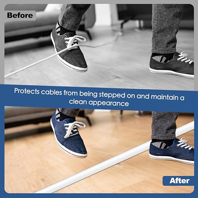 Floor Cord Cover for Wires on Floor Self Adhesive Cord Hider Floor Cable Management Wire Covers for Cords Protector Prevent Cable Trips Cord Cavity W 0.32" x H 0.32", White, 20Ft