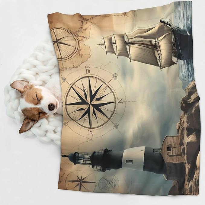 Waterproof Dog Blanket Soft Pet Blanket for Puppy Cat, Fleece Cat Throw Blankets for Furniture Bed Couch Sofa Reversible - Vintage Nautical Lighthouse