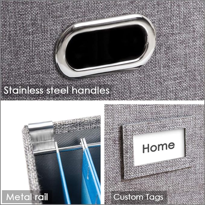 PRANDOM File Organizer Box - Set of 2 Collapsible Decorative Linen Filing Storage Hanging File Folders with Lids Office Cabinet Letter Size Grey (14x9.3x10.8 inch)