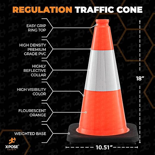 Xpose Safety 18 Inch Orange Traffic Cones with 6" Collar - 4 Pack Multipurpose PVC Plastic Safety Cone for Parking, Soccer, Caution, Kids and Construction - DOT Approved