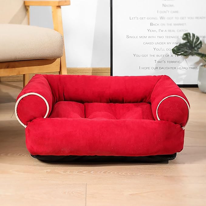 Suede Sofa Dog Bed, Multiple Sizes Orthopedic Memory Foam Mattress, Durable and Calming, Washable Dog Bed with Anti-Slip Bottom S brightRed