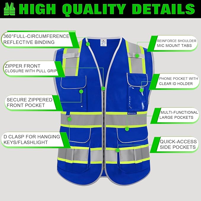 BeautyWill Custom Logo Safety Vest 8 Pockets Class2 ANSI Certified High Visibility Reflective Vest for Men - Personalized Logo Heavy-Duty Work Vest（Blue，XL）