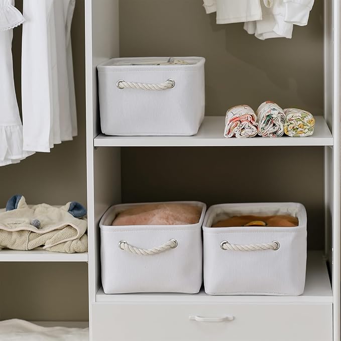 TheWarmHome Storage Bins for Shelves - Medium 3Pack 13.8L*9.8W*6.7H inch Fabric Storage Cubes Canves Storage Basket for Organizing Toys Baby Clothes Gift Dog (White)