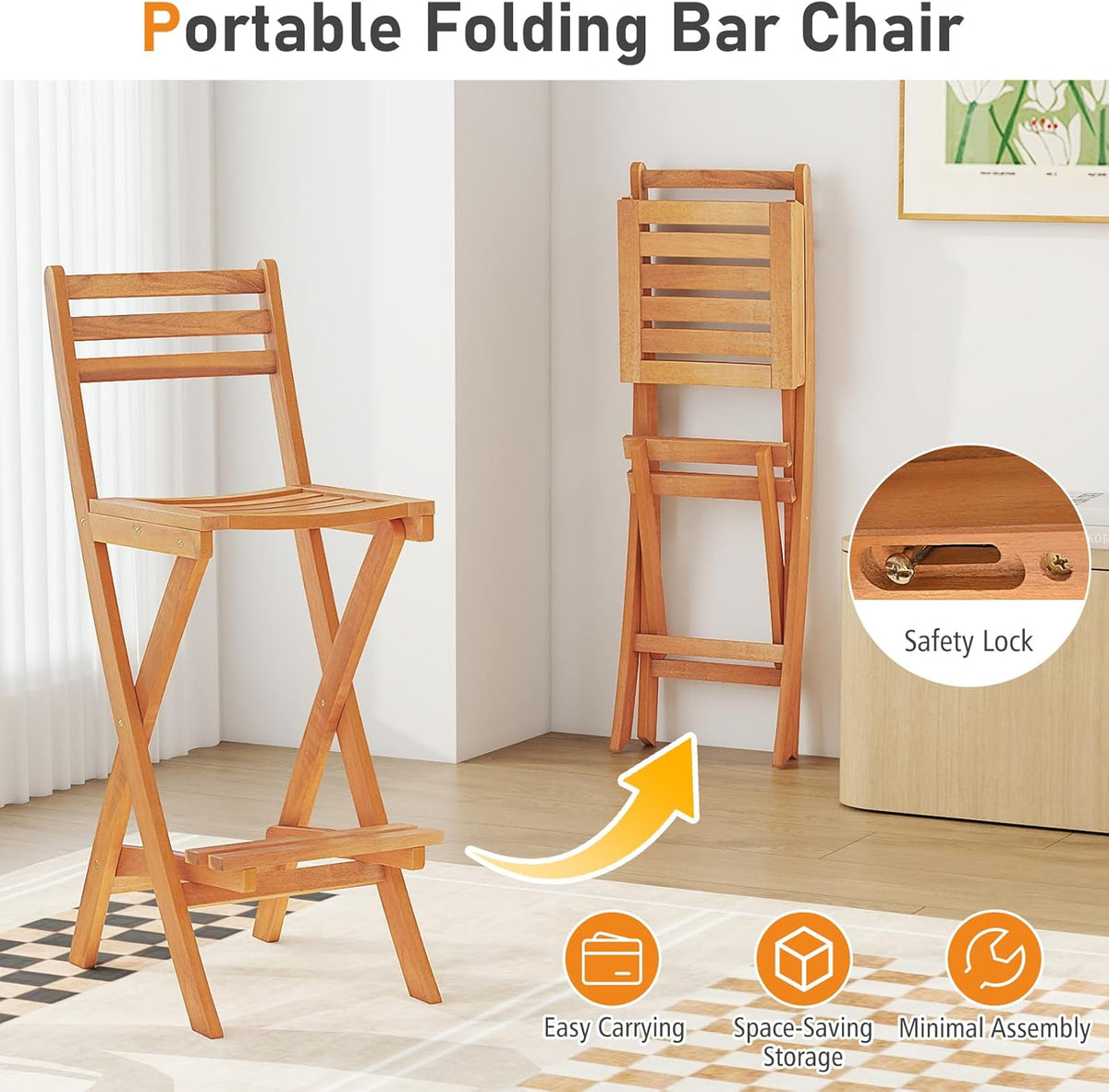 Tangkula Patio Folding Barstool Set of 2, Outdoor Portable High Top Acacia Wood Bar Height Chair with Backrest & Footrest,for Backyard, Garden, Front Porch