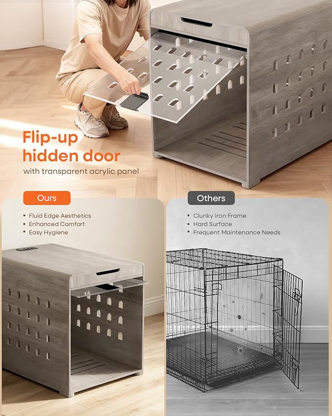 Modern Dog Crate Furniture with Charging Station Large Kennel Indoor with Flip-up Hidden Acrylic Door for Large and Medium Breeds up to 110lb Wood Pet End Side Table Cage, Grey
