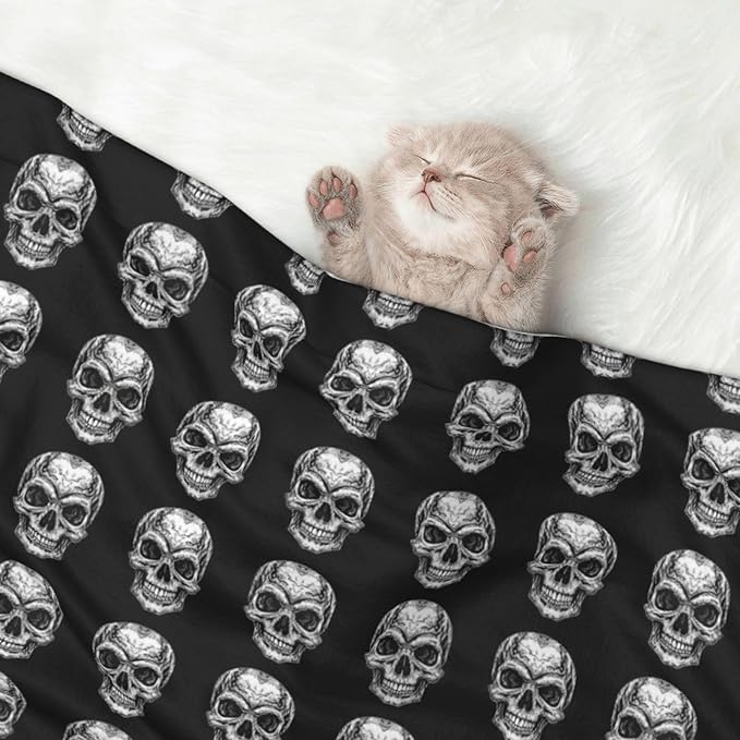 Pet Blanket for Indoor Outdoor Use, Black Skull Head, Two Sided Reversible Plush Mat with Bumpy Dot Texture for Patios Crates Portable Bed Companion