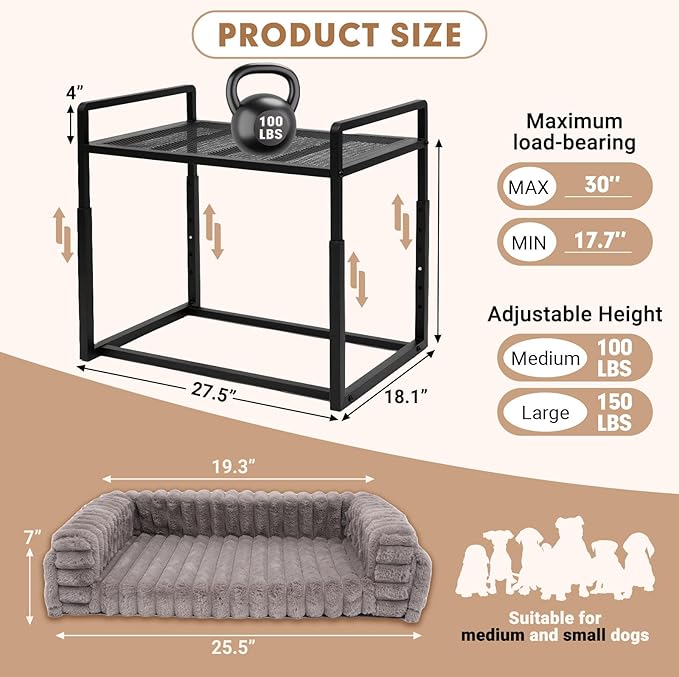 Beside Dog Bed,Adjustable Height Dog Bunk Beds,27.5''x 18''Metal Dogs Bed Frame with Washable Removable Corduroy Cover,Memory Foam Pet Bed with Sides,Medium