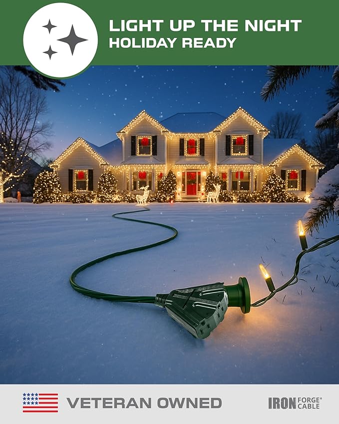 Iron Forge Cable 100ft Green Outdoor Extension Cord with 3 Outlets - 16/3 SJTW 100ft Extension Cord 3 Prong, 10 Amp All-Weather Heavy Duty Power Cable