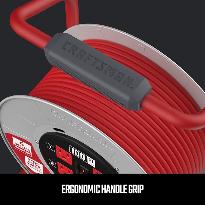 CRAFTSMAN 100 Ft. Contractor Retractable Extension Cord Reel with 4 Outlets & Heavy Duty 12AWG SJTW Cable