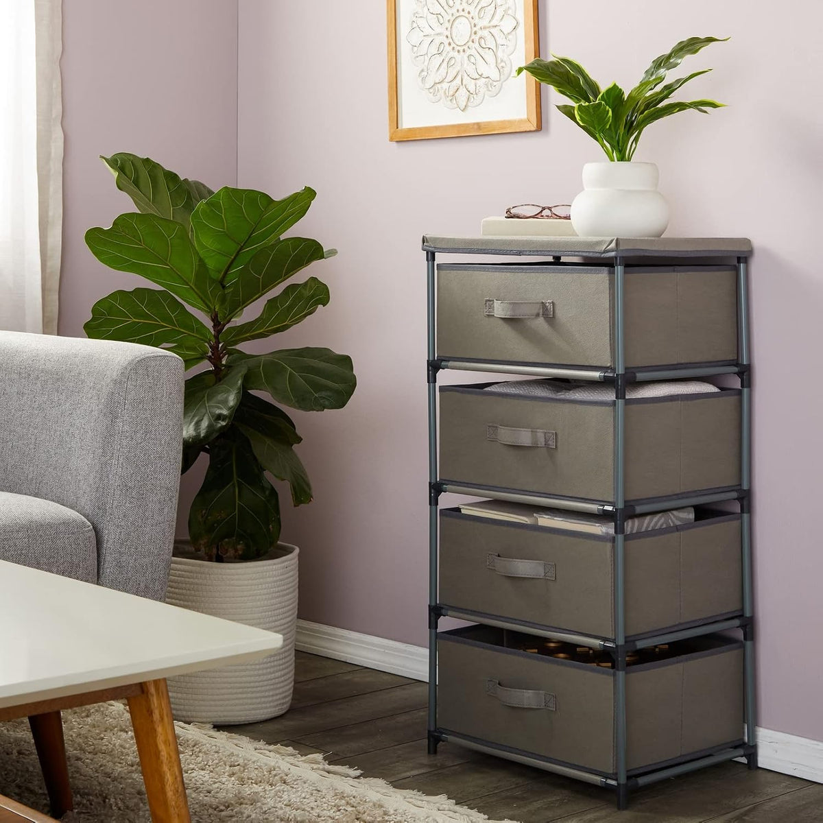Juvale 4-Tier Dresser for Office - 16.5 in x 13 in x 33 in, Light Gray Fabric, 4 Drawers - Narrow Organizer with Storage Drawers - Steel Frame & Easy Assembly