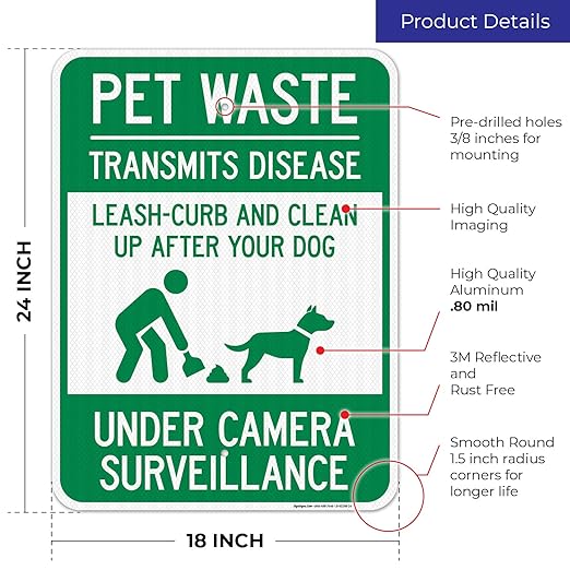 Pet Waste Leash-Curb and Clean Up After Your Dog Under Camera Surveillance Sign, 18x24 Inches, 3M EGP Reflective .080 Aluminum, Fade Resistant, Made in USA
