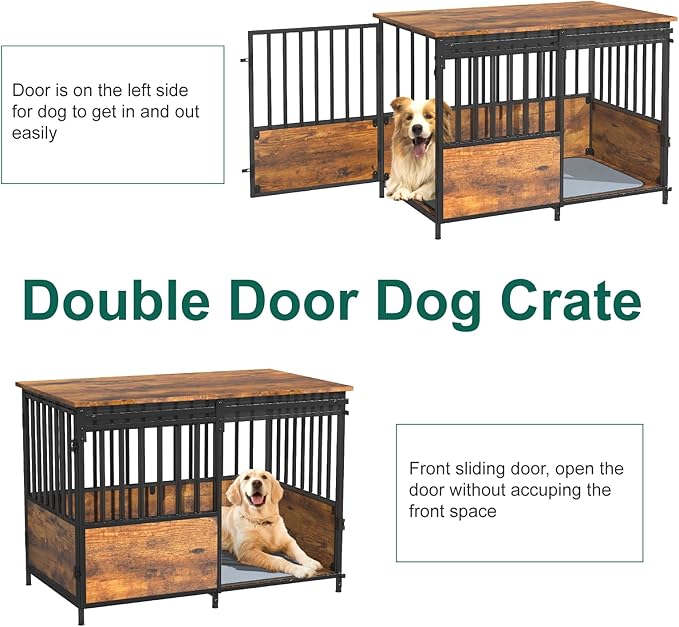 40 Inch Dog Crate Furniture with Cushion for Large Medium Dogs, Heavy Duty Dog Kennel with Double Doors, Decorative Indoor Pet Cage Side End Table with Sliding Door, Chew-Resistant, Brown