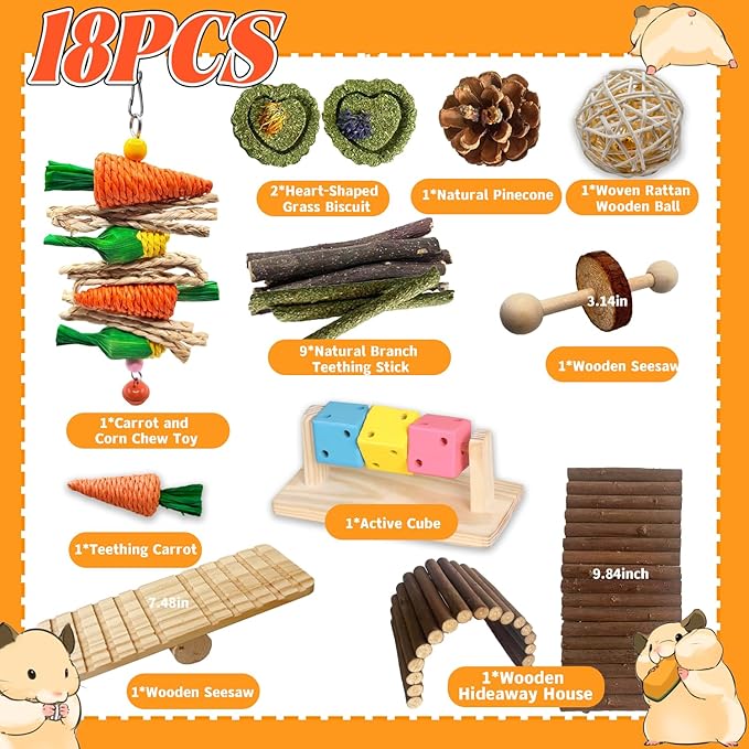 Rabbit Toys Bunny chew/Guinea Pig Toys Natural Timothy Hay Sticks Apple Wood Sticks Handmade for Guinea Pig Hamster Rat Chinchilla (TOY-1-18)
