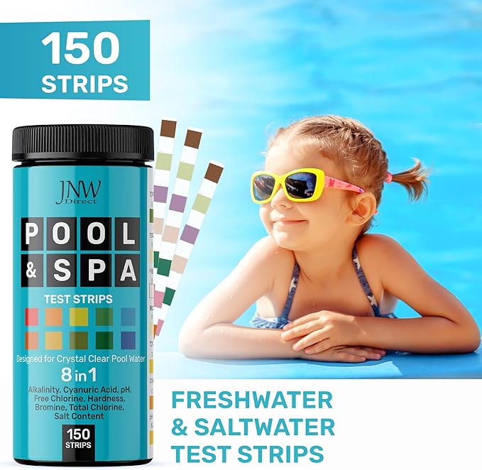 Pool Test Strips 8-in-1, 150 Quick and Accurate Pool and Hot Tub Test Strips - Pool Water Testing Kit for Chlorine, Bromine, pH, Hardness, More - All in 1 Swimming Pool Test Strips by JNW