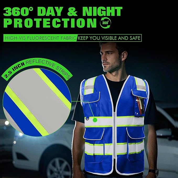 BeautyWill Custom Logo Safety Vest 8 Pockets Class2 ANSI Certified High Visibility Reflective Vest for Men - Personalized Logo Heavy-Duty Work Vest（Blue，XL）
