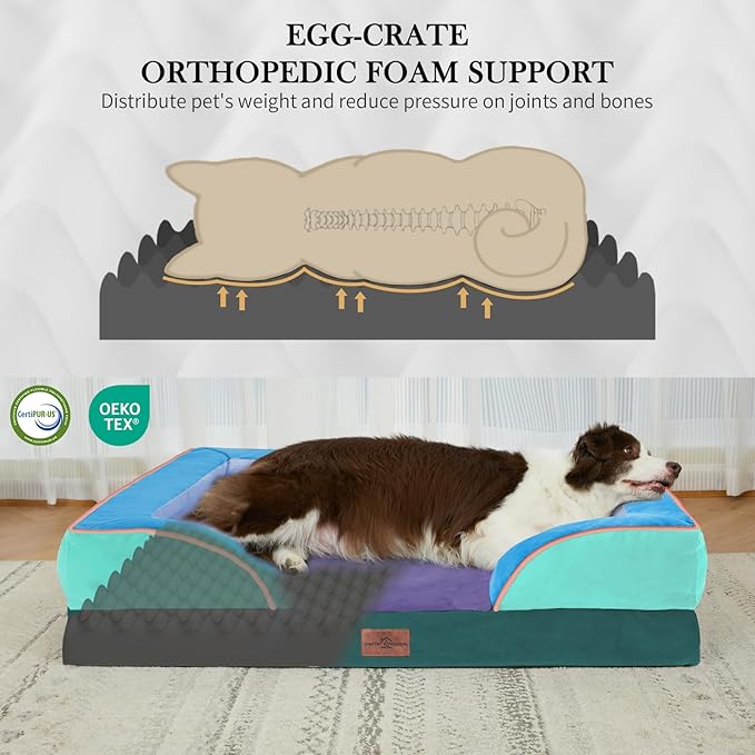Comfort Expression Orthopedic Dog Bed for Extra Large Dogs 45x35 Inch, Waterproof Egg Crate Foam XL Pet Bed with Removable Bolsters, Dog Couch with Washable Cover & Non-Slip Bottom, Violet Tide