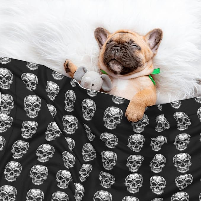 Pet Blanket for Indoor Outdoor Use, Black Skull Head, Two Sided Reversible Plush Mat with Bumpy Dot Texture for Patios Crates Portable Bed Companion